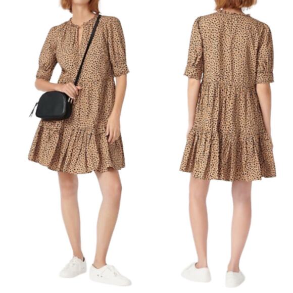 J.CREW LEOPARD DOT COTTON RUFFLENECK BROWN BLACK DRESS WITH POKETS COTTON SZ M - Picture 1 of 6